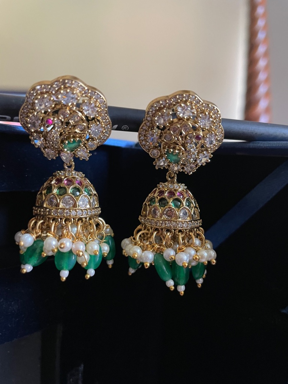 Gold Tone Green & White Jhumka Earrings with Crystal Accents
